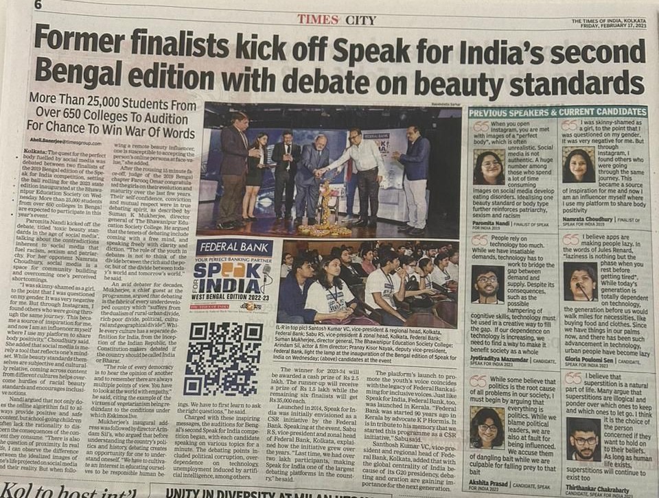TOI Coverage of the event Speak for India is an initiative by Federal Bank, The Times of India and Ei Samay