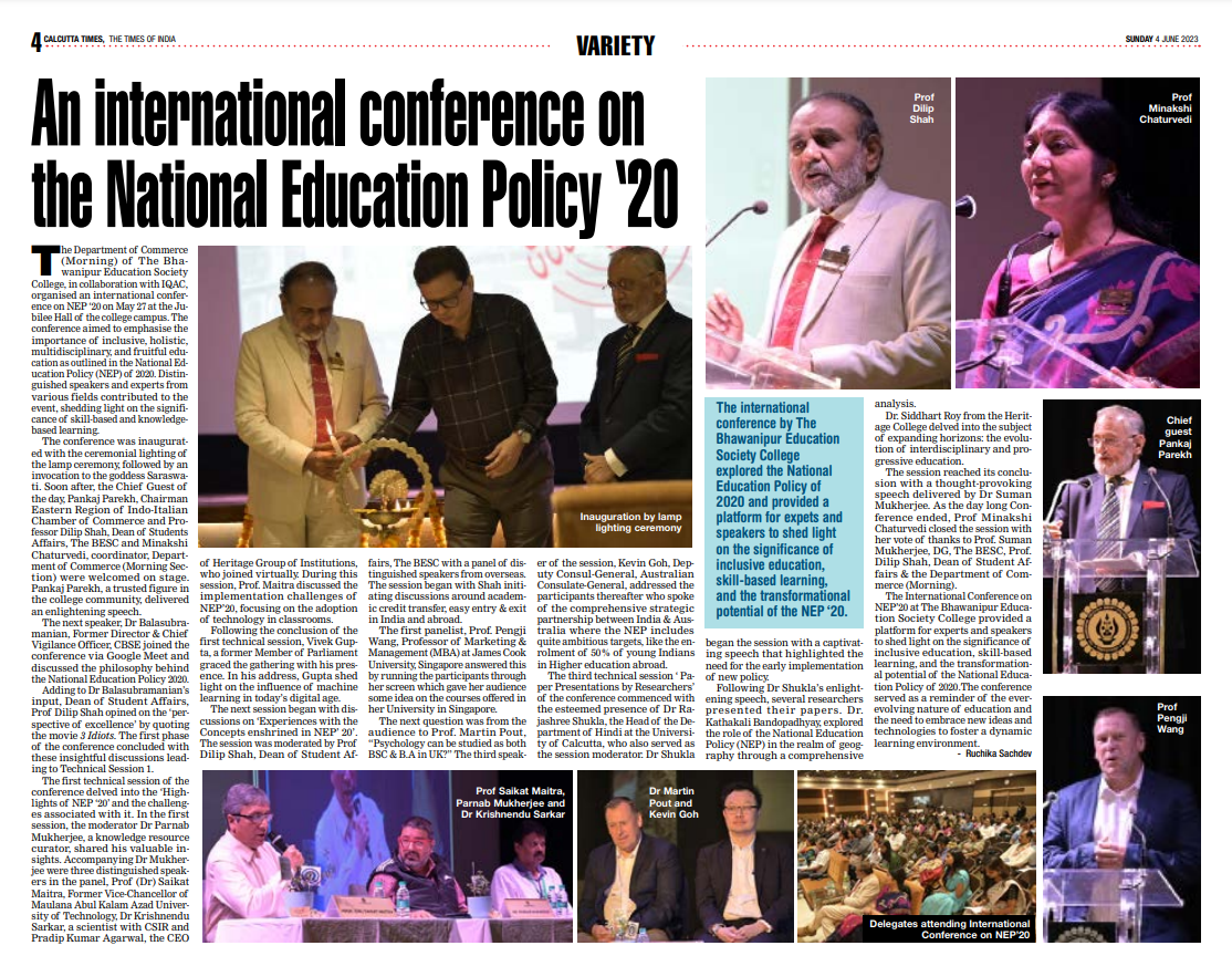 TOI  coverage of the International Conference on New Education Policy 2020, held on the 27th of May , 2023 at The Bhawanipur College
