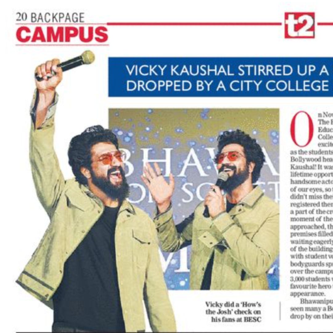 Telegraph t2 coverage of Vicky Kaushal's visit to the Bhawanipur College Campus to promote his movie 'Sam Bahadur'.