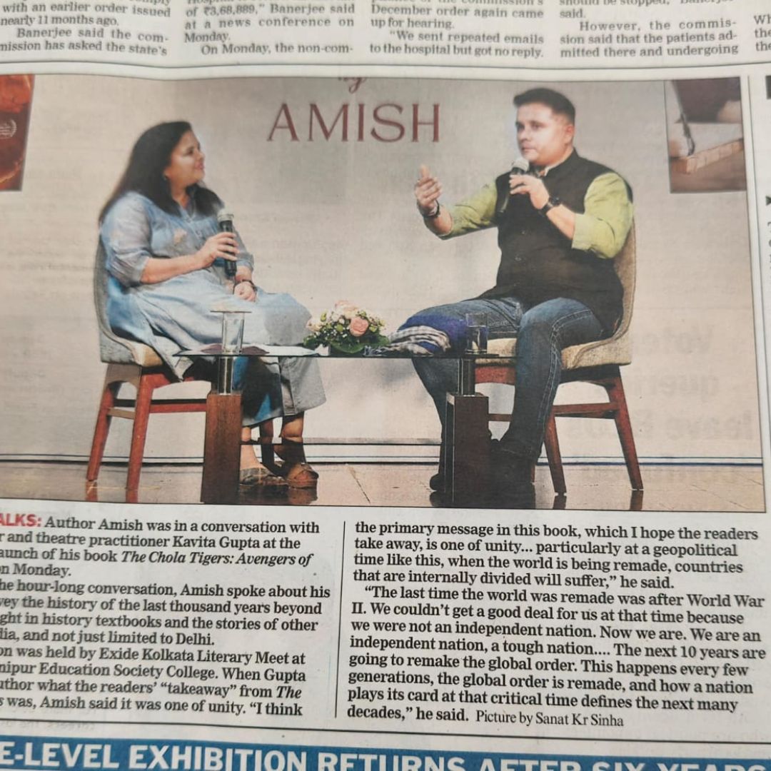 The Telegraph coverage of Author Amish’s engaging conversation at The Bhawanipur Education Society College in association with the Exide Kolkata Literary Meet, spotlighting ideas of unity, history, and nationhood.